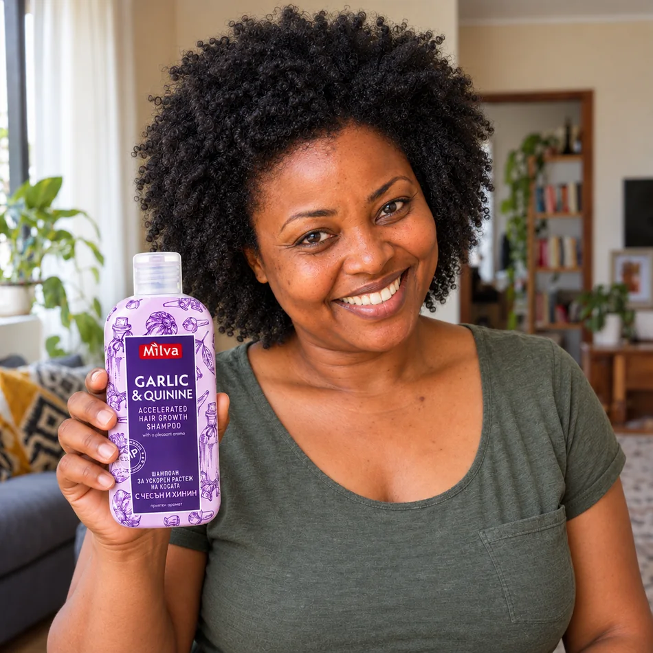 Woman holding up a bottle of Milva Garlic & Quinine shampoo